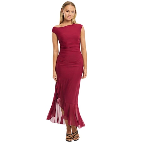 Red Maxi Dress Asymmetric Shoulder Mesh