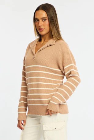 Stripe Quarter Zip Knit Fold Down Collar