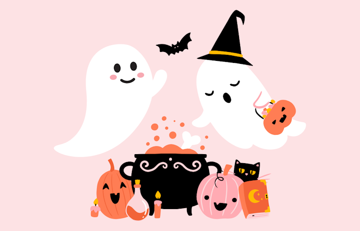 cartoon ghosts hovering over a cauldron