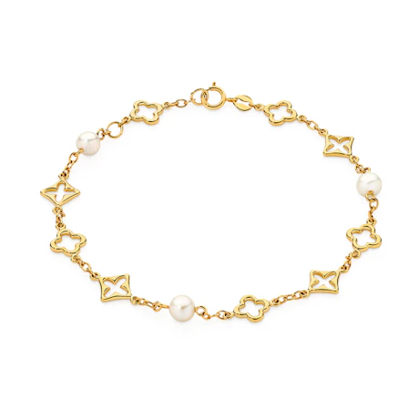 9ct Gold 19cm Hollow Clover & Cultured Freshwater Pearl Bracelet